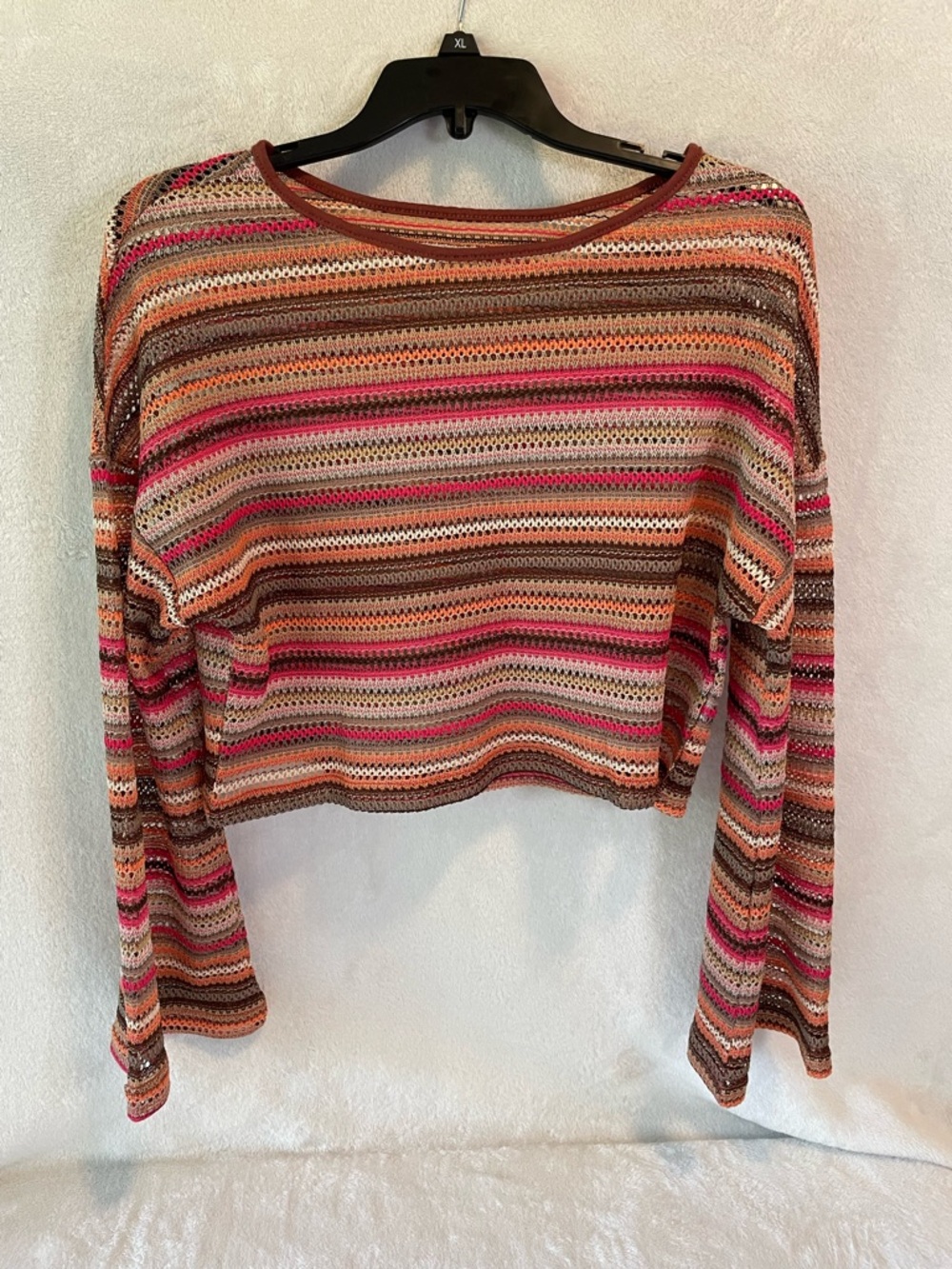 Striped Cropped Knit Long-Sleeve Top in Pink and Brown